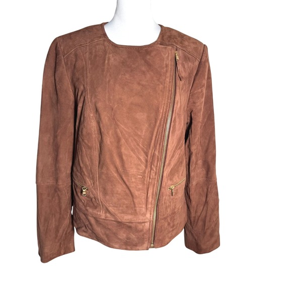 TALBOTS Women's 12 Brown Goat Suede Leather Asymmetrical Zip Pockets Moto Jacket - Picture 2 of 9